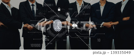 Business team collaboration showing unity in digital security with fingerprint technology and network graphics symbolizing protection and innovation Trope 139335049