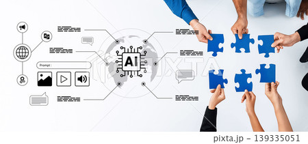 Collaborative Teamwork on Artificial Intelligence Concepts with Hands Holding Blue Puzzle Pieces Around Circular Design Ledger Collaborative Teamwork on Artificial Intelligence Concepts with Hands Holding Blue Puzzle Pieces Around Circular Design Ledger 139335051