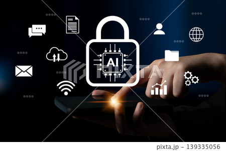 Modern technology concept featuring a hand using a tablet with secure AI lock icon surrounded by various digital symbols representing data safety and connectivity Gantry 139335056