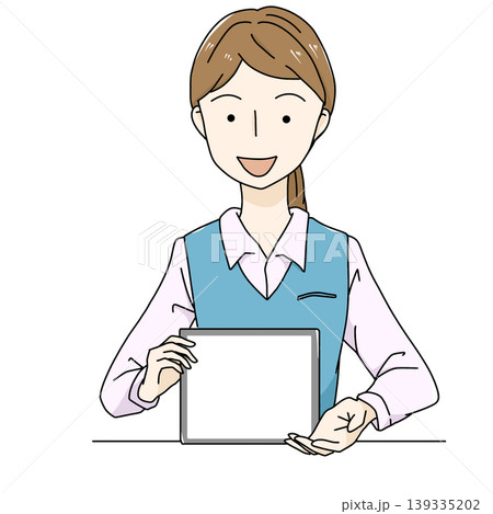 タブレットを持つ女性スタッフのイラスト・受付・案内・コピースペース タブレットを持つ女性スタッフのイラスト・受付・案内・コピースペース 139335202