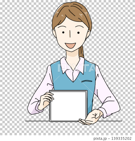 Illustration of a female staff member holding a tablet; reception/guidance/copy space. Illustration of a female staff member holding a tablet; reception/guidance/copy space. 139335202