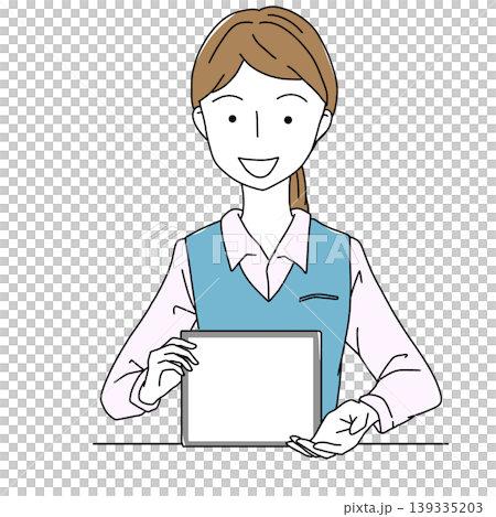 Illustration of a female staff member holding a tablet; reception/guidance/copy space; simple. Illustration of a female staff member holding a tablet; reception/guidance/copy space; simple. 139335203