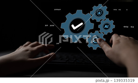 Hands Interacting with Digital Gears and Icons Representing Technology, Automation, and Artificial Intelligence on a Dark Background Gantry Hands Interacting with Digital Gears and Icons Representing Technology, Automation, and Artificial Intelligence on a Dark Background Gantry 139335319