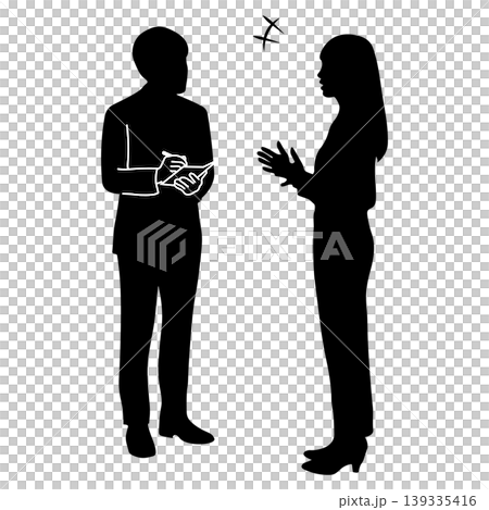 A silhouette of a man taking notes while listening to a woman speak in a business setting. A silhouette of a man taking notes while listening to a woman speak in a business setting. 139335416