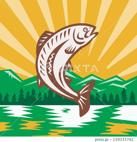 Trout With Lake and Mountains Retro Woodcut 139335782