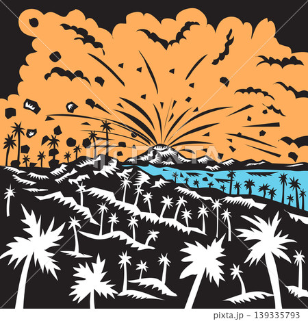 Volcanic Eruption Island Formation Woodcut Retro Art Volcanic Eruption Island Formation Woodcut Retro Art 139335793