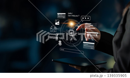 Hand Interacting with Futuristic AI Technology Display Showing Chatbot Interface and Interactive Elements for Digital Communication Ledger 139335905