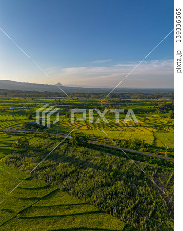 Beautiful morning view in Indonesia, panoramic landscape of rice fields with mountain ranges and clear sky Beautiful morning view in Indonesia, panoramic landscape of rice fields with mountain ranges and clear sky 139336565