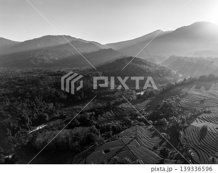 Beautiful morning view in Indonesia, panoramic landscape of rice fields with mountain ranges and clear sky Beautiful morning view in Indonesia, panoramic landscape of rice fields with mountain ranges and clear sky 139336596