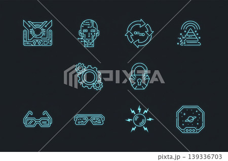 Futuristic Neon Technology Icons on Dark Background Vector Set Futuristic Neon Technology Icons on Dark Background Vector Set 139336703