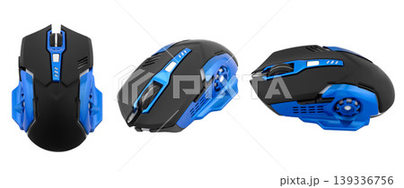gaming mouse in black and blue color with aggressive design for esports 139336756