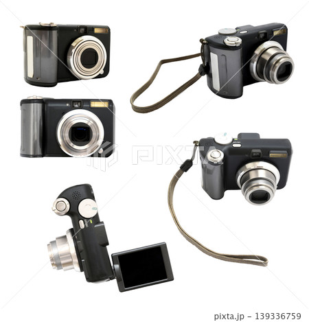 black compact digital camera with flip out screen in different angles black compact digital camera with flip out screen in different angles 139336759