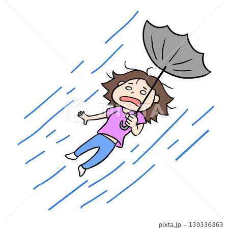台風の強風で傘がひっくり返り空中に飛ばされているコミカルな女性 台風の強風で傘がひっくり返り空中に飛ばされているコミカルな女性 139336863