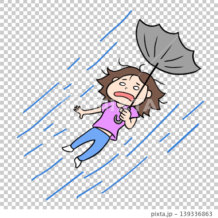 台風の強風で傘がひっくり返り空中に飛ばされているコミカルな女性 台風の強風で傘がひっくり返り空中に飛ばされているコミカルな女性 139336863