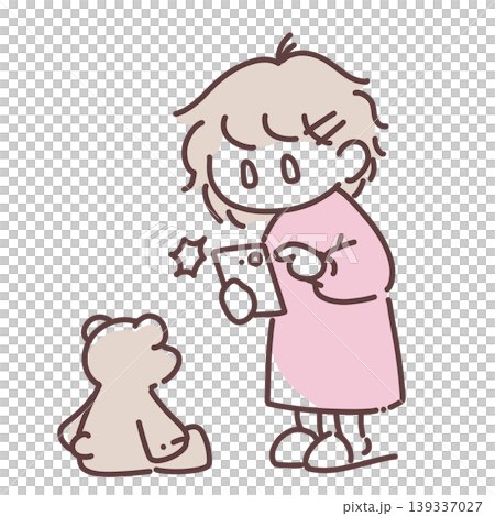 ぬいぐるみ(テディベア)をスマホで撮影する女の子のイラスト ぬいぐるみ(テディベア)をスマホで撮影する女の子のイラスト 139337027