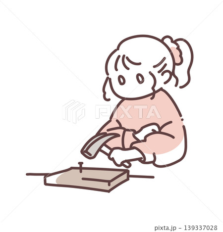 DIYや日曜大工でハンマーを使って釘を打つ女の子のイラスト DIYや日曜大工でハンマーを使って釘を打つ女の子のイラスト 139337028