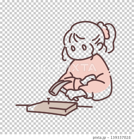 DIYや日曜大工でハンマーを使って釘を打つ女の子のイラスト DIYや日曜大工でハンマーを使って釘を打つ女の子のイラスト 139337028
