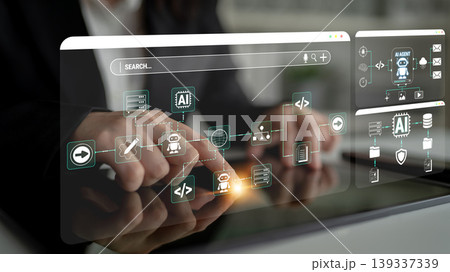 Hands Using Touch Screen Device with Abstract AI Interface and Digital Flow of Data and Information Concepts for Technology and Innovation Fluxor 139337339