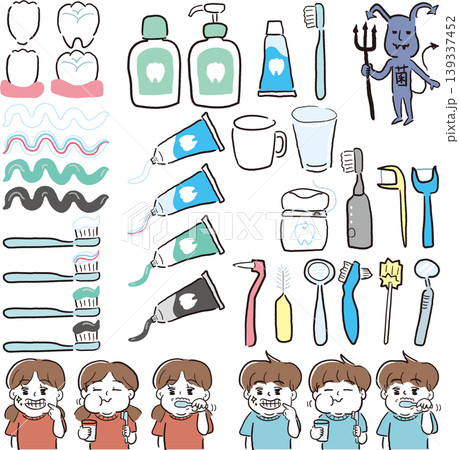 手描き風子供向け歯磨き道具セット 手描き風子供向け歯磨き道具セット 139337452