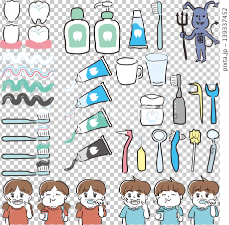 手描き風子供向け歯磨き道具セット 手描き風子供向け歯磨き道具セット 139337452