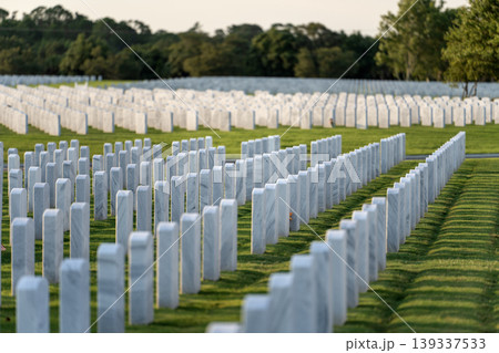 American army national cemetery with rows of white headstones on green grass lawn. Memorial Day concept 139337533