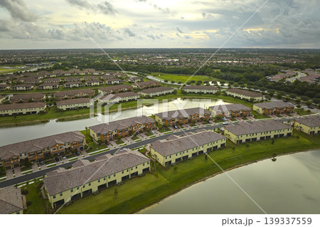 Aerial view of tightly packed homes in Florida closed living clubs. Family houses as example of real estate development in American suburbs Aerial view of tightly packed homes in Florida closed living clubs. Family houses as example of real estate development in American suburbs 139337559