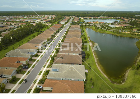 Aerial view of tightly packed homes in Florida closed living clubs. Family houses as example of real estate development in american suburbs Aerial view of tightly packed homes in Florida closed living clubs. Family houses as example of real estate development in american suburbs 139337560
