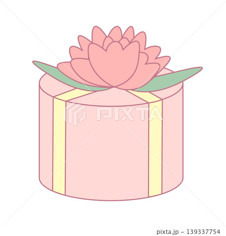 丸型のギフトボックスとお花の飾りのイラスト 円柱のプレゼント箱・母の日・スイーツのパッケージ素材 139337754