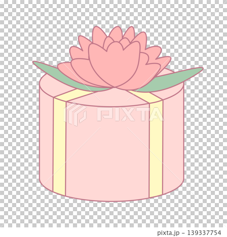 丸型のギフトボックスとお花の飾りのイラスト 円柱のプレゼント箱・母の日・スイーツのパッケージ素材 139337754