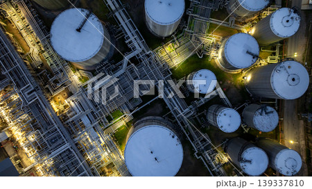 Aerial view oil storage tank and pipeline steel at night, Oil tank storage chemical petroleum petrochemical refinery product, Oil transportation system pipeline steel at oil refinery industry 139337810