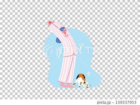 一幅描繪一位女士早上起床，晚上穿著睡衣睡覺的插圖。 139337953