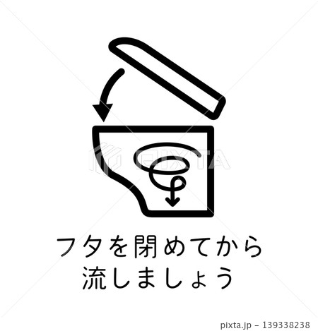 蓋を閉めて水を流すことを説明するためのトイレ用線画ピクトグラム 139338238