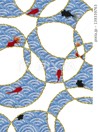 【和風の青海波と金魚の背景装飾縦】手刺繍イラスト素材 139339763