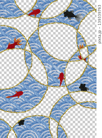 【和風の青海波と金魚の背景装飾縦】手刺繍イラスト素材 139339763