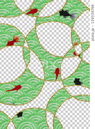 [Japanese-style background decoration with wave pattern and goldfish (vertical)] Hand-embroidered illustration material 139339766