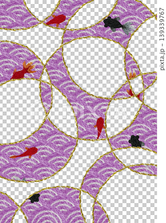 [Japanese-style background decoration with wave pattern and goldfish (vertical)] Hand-embroidered illustration material 139339767