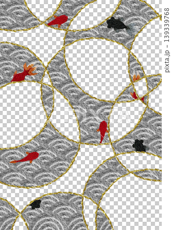[Japanese-style background decoration with wave pattern and goldfish (vertical)] Hand-embroidered illustration material 139339768