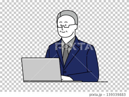 An illustration of a senior man in a suit smiling while using a computer. An illustration of a senior man in a suit smiling while using a computer. 139339883