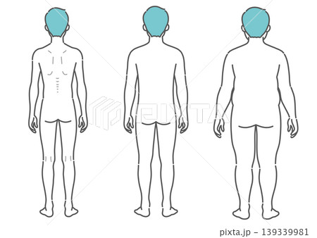 成人男性の体型比較イラスト（痩せ型・標準・肥満の3種セット・後ろ姿） 139339981