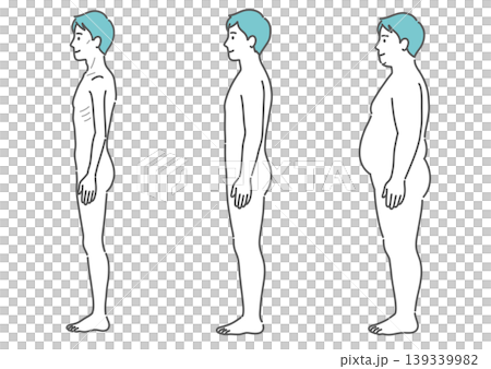 Illustrations comparing the body types of adult men (3 types: thin, average, and obese - side view) 139339982