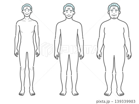 シニア男性の体型比較イラスト（痩せ型・標準・肥満の3種セット・正面） 139339983