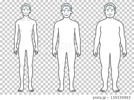 シニア男性の体型比較イラスト（痩せ型・標準・肥満の3種セット・正面） 139339983