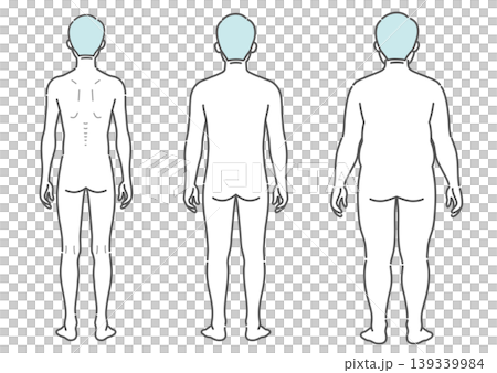 比較老年男性體型的插圖（3 種類型：瘦、中等、肥胖 - 背面視圖） 139339984