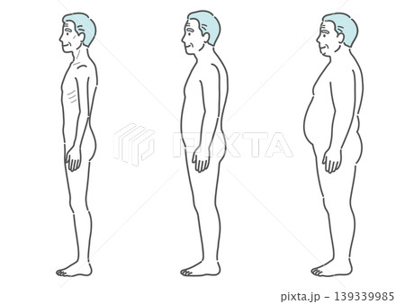 シニア男性の体型比較イラスト(痩せ型・標準・肥満の3種セット・側面) シニア男性の体型比較イラスト(痩せ型・標準・肥満の3種セット・側面) 139339985