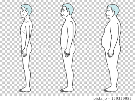 シニア男性の体型比較イラスト(痩せ型・標準・肥満の3種セット・側面) シニア男性の体型比較イラスト(痩せ型・標準・肥満の3種セット・側面) 139339985