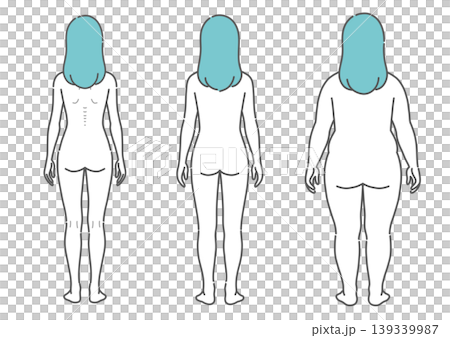 比較成年女性體型的插圖（3 種類型：瘦、中等、肥胖 - 背面視圖） 139339987