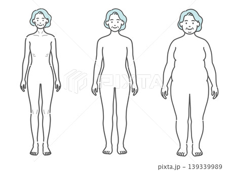 シニア女性の体型比較イラスト（痩せ型・標準・肥満の3種セット・正面） 139339989