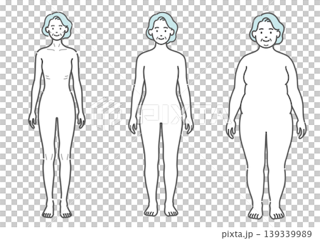シニア女性の体型比較イラスト（痩せ型・標準・肥満の3種セット・正面） 139339989