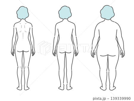 シニア女性の体型比較イラスト（痩せ型・標準・肥満の3種セット・後ろ姿） 139339990