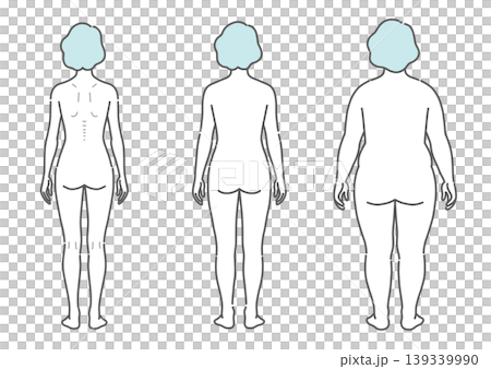 シニア女性の体型比較イラスト（痩せ型・標準・肥満の3種セット・後ろ姿） 139339990